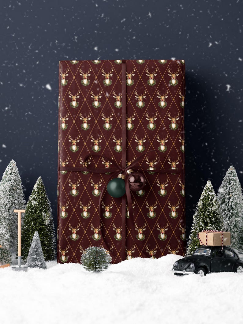 Holiday Reindeer Gift Wrap Christmas Present Gift Wrap Festive Decor Christmas Wrapping Paper Roll Deer Design Holiday Decor Christmas Paper