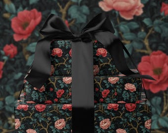 Vintage Botanical Wrapping Paper Dark Floral Gift Wrap Rose Wrapping Paper Vintage Rose Paper Cottagecore Gift Wrap Floral Gift Wrap Paper