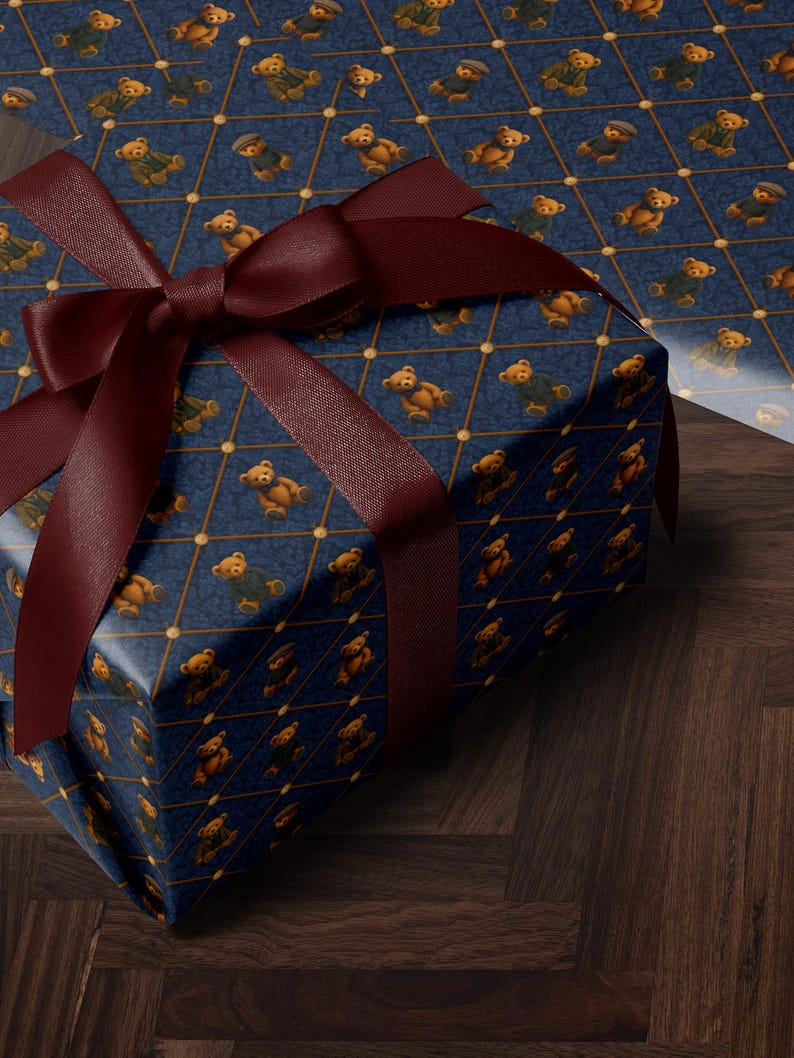 Children Gift Wrap Teddy Bear Wrapping Paper First Birthday Party Gift Wrap Blue Wrapping Paper for Him Vintage Wrapping Paper Adorable Bear