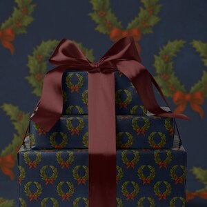 Christmas Wreath Wrapping Paper Christmas Present Moody Christmas Print Blue Holiday Gift Wrap Festive Decor Premium Paper Elegant Gift Wrap