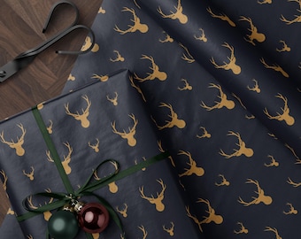 Gold Deer Gift Wrap Christmas Deer Wrapping Paper Masculine Gift Wrap Christmas Present for Him Stag Christmas Wrap Blue Gift Wrap Paper