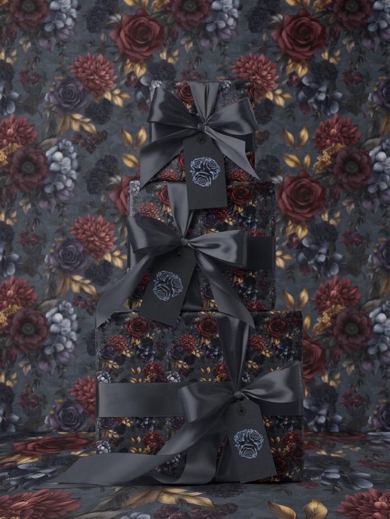 Moody Flower Wrapping Paper Dark Floral Gift Wrap Dark Academia Decor Gothic Gift Wrap Winter Flower Print Drawer Liner Paper Gift for Mom