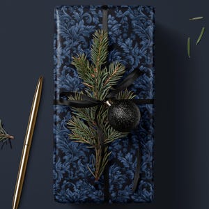 Blue Flower Gift Wrap Dark Blue Floral Damask Design Flower Wrapping Paper Botanical Gift Wrap for Her Wrapping Paper Wedding Gift Idea