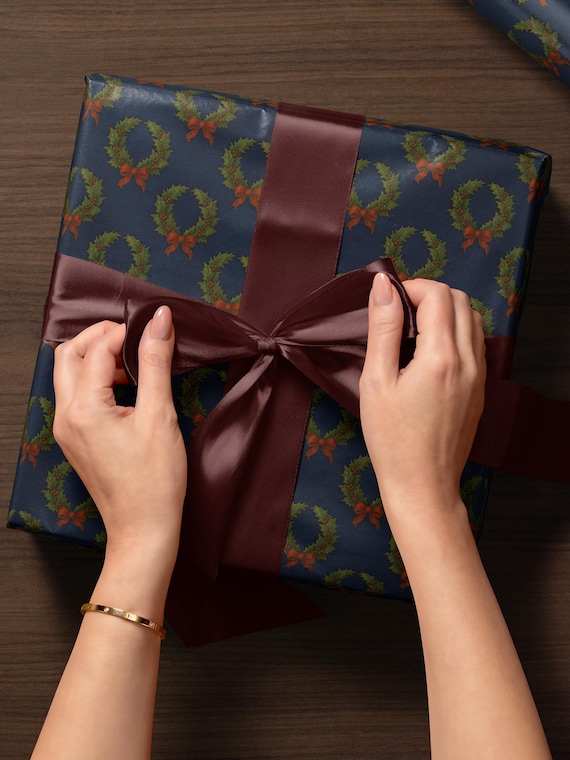 Christmas Wreath Wrapping Paper Christmas Present Moody Christmas Print Blue Holiday Gift Wrap Festive Decor Premium Paper Elegant Gift Wrap