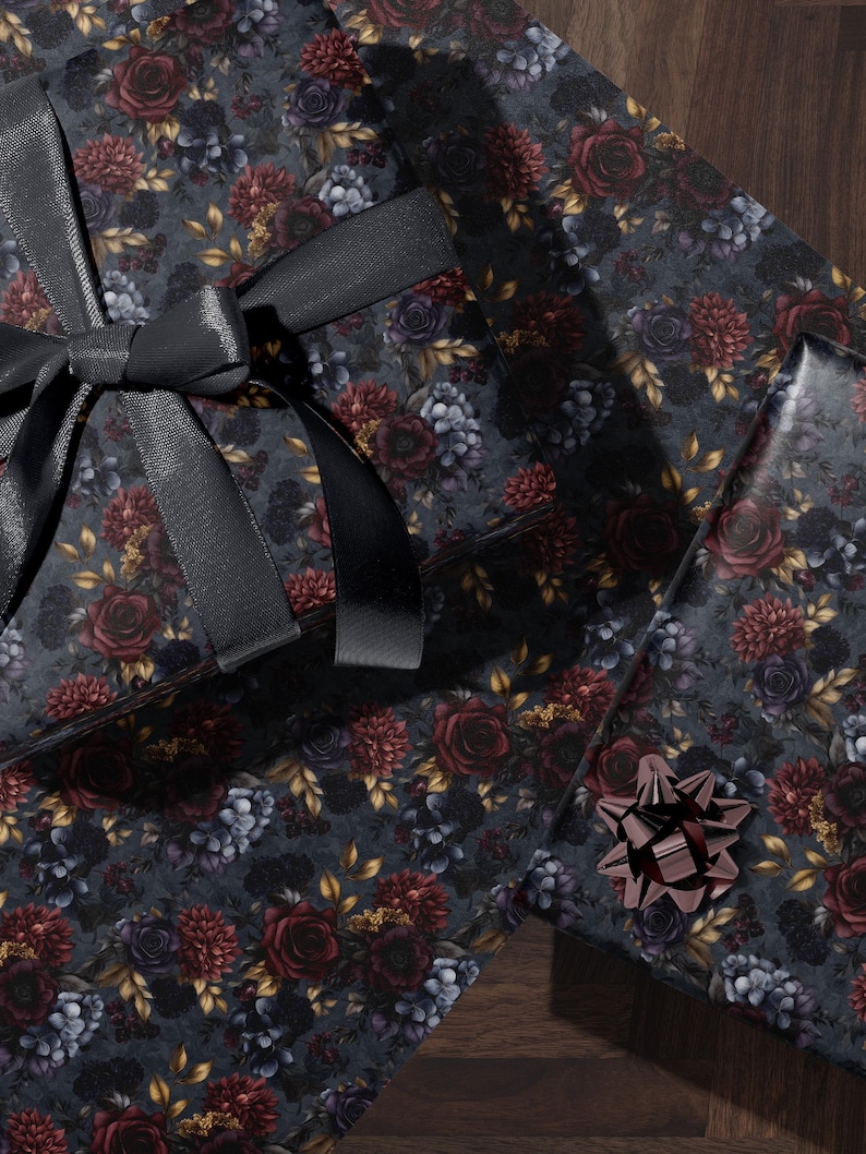 Moody Flower Wrapping Paper Dark Floral Gift Wrap Dark Academia Decor Gothic Gift Wrap Winter Flower Print Drawer Liner Paper Gift for Mom