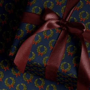 Christmas Wreath Wrapping Paper Christmas Present Moody Christmas Print Blue Holiday Gift Wrap Festive Decor Premium Paper Elegant Gift Wrap