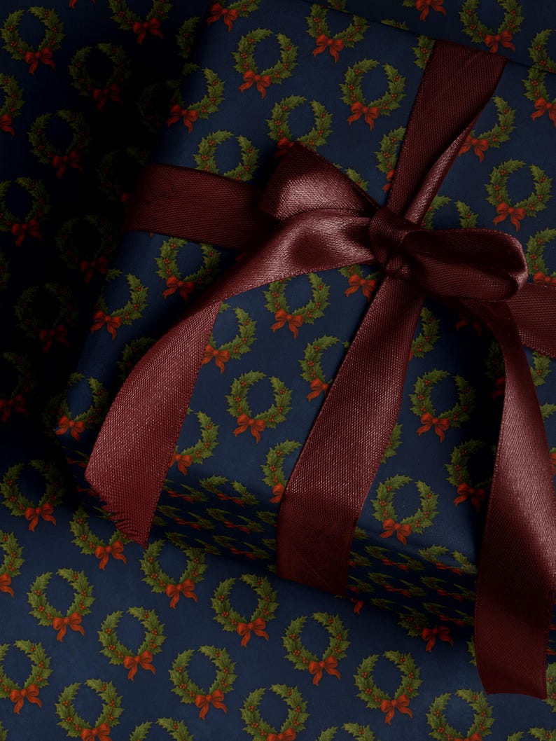 Christmas Wreath Wrapping Paper Christmas Present Moody Christmas Print Blue Holiday Gift Wrap Festive Decor Premium Paper Elegant Gift Wrap