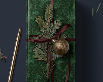 Dark Green Wrapping Paper Botanical Damask Design Botanical Gift Wrap Wedding Wrapping Paper Christmas Present Envelope Paper Dark Academia