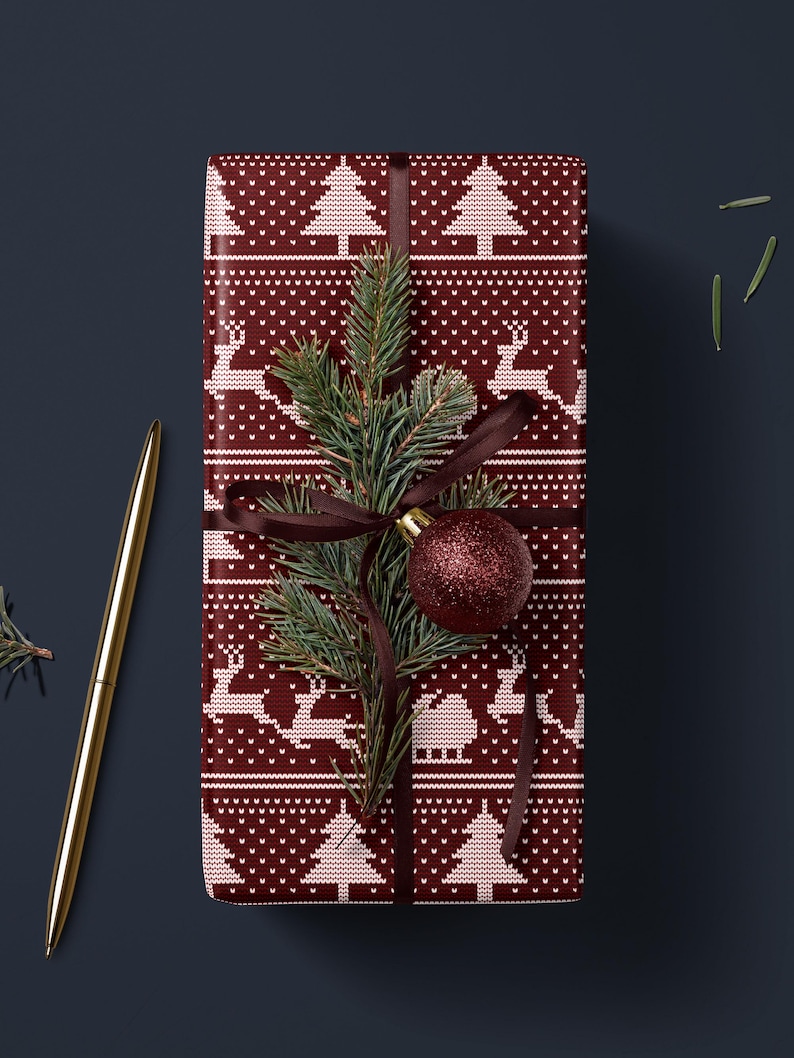 Christmas Sweater Wrapping Paper Santa Sleigh and Reindeer Gift Wrap Ugly Christmas Sweater Design Cozy Christmas Decor Holiday Gift Wrap