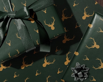 Gold Deer Wrapping Paper Holiday Gift Wrap Christmas Reindeer Wrapping Paper Deer Print Green Wrapping Paper Hunting Gift for Men Gift Idea