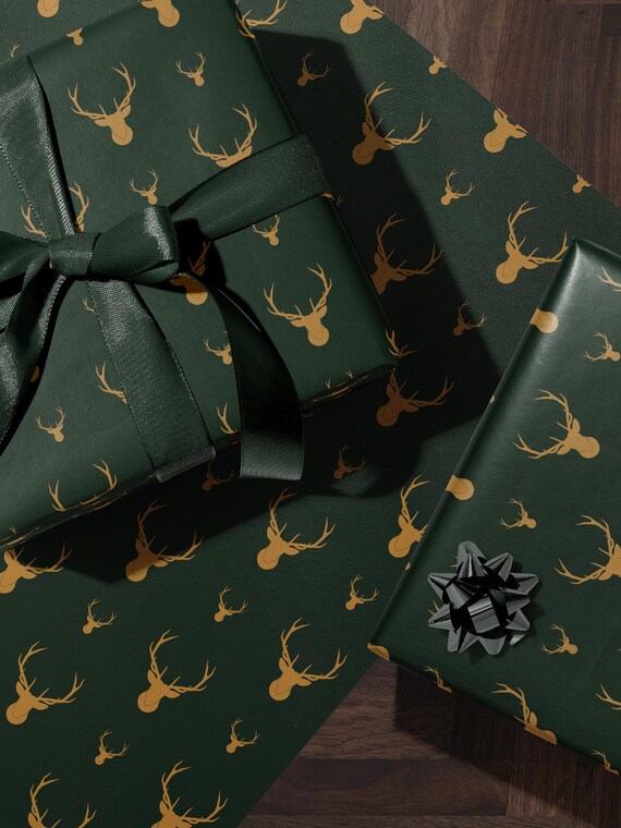 Gold Deer Wrapping Paper Holiday Gift Wrap Christmas Reindeer Wrapping Paper Deer Print Green Wrapping Paper Hunting Gift for Men Gift Idea