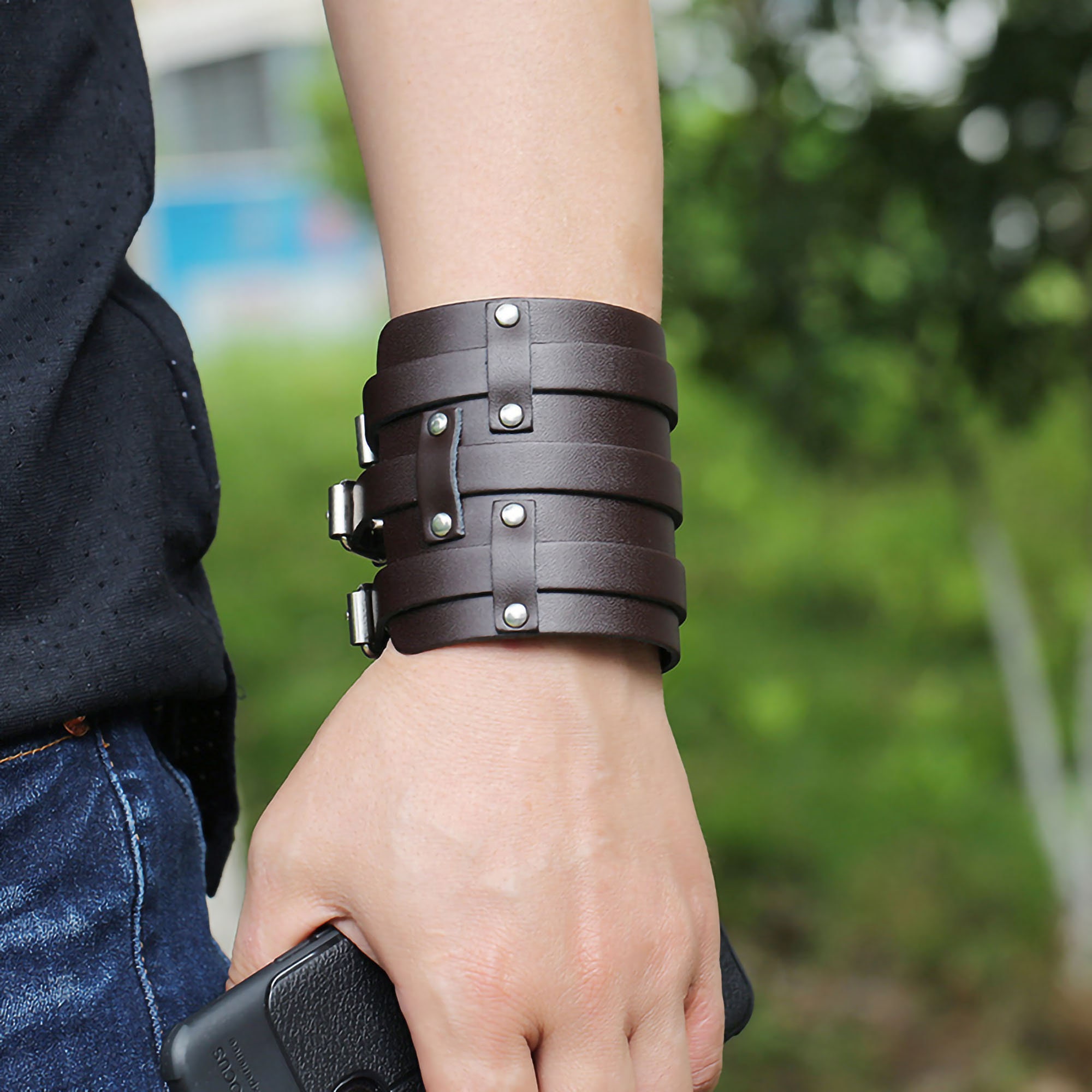 Black Brown Leather Belt Bracelet for Men Women Punk Rock Wristband