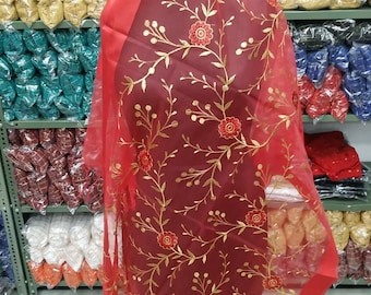 Red Net Dupatta: Jal Zari Work, Ethnic Party Wrap