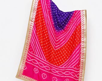 Jaipuri Bandhani Silk Dupatta: Gota Work Rajasthani Scarf