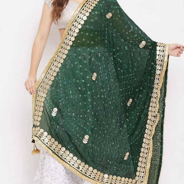 Women's Jaipur Rajasthani Bandhani Bandhej Art Silk Dupatta With Gota Work Gota Patti Border And Latkan