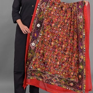 Phulkari Kantha Kutch Mirror Foli Work Heavy Embroidery Cotton Dupatta