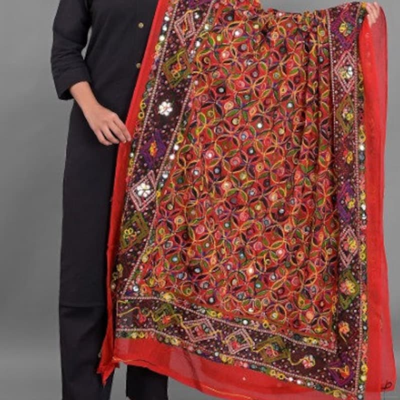 Brown - Mirror Work Printed Cotton Kutch Embroidery Dupatta 01