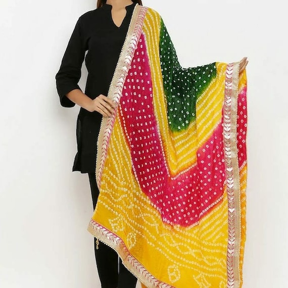 Women Jaipuri Bandhani Dupatta with Gota Work and latkan Rajasthani Silk  Bandhej Multicolor Scarf Free Shipping