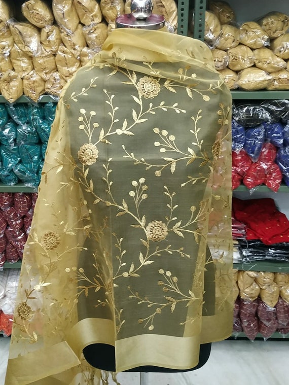 Net Dupatta: Gold Jal Zari Embroidered Stole, Party Festival Wear