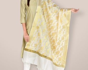 Elegant Ivory , Gold Zari Woven Dupatta for Women Banarasi Silk, Blend Festive & Wedding Wear
