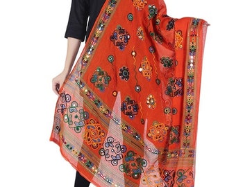 Handcrafted Cotton Dupatta with Traditional Mirror Work & Multicolor Embroidery | Ethnic Indian Wrap/Stole