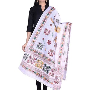 May include: White cotton dupatta with colorful embroidery. The dupatta features a geometric pattern with floral motifs and a scalloped border.