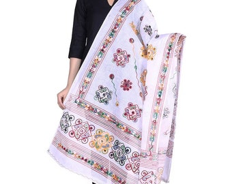 Handcrafted Cotton Dupatta with Traditional Mirror Work & Multicolor Embroidery | Ethnic Indian Wrap/Stole