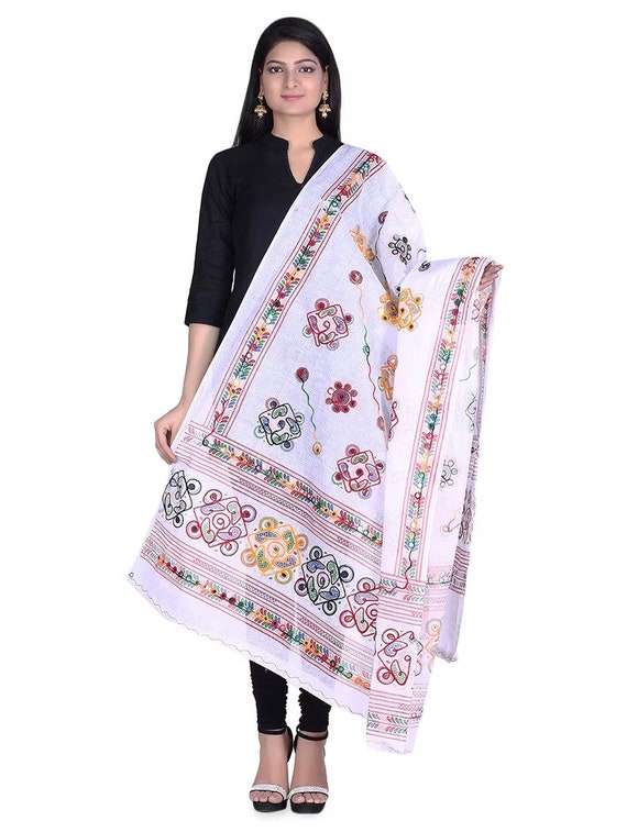 Handcrafted Cotton Dupatta with Traditional Mirror Work & Multicolor Embroidery | Ethnic Indian Wrap/Stole