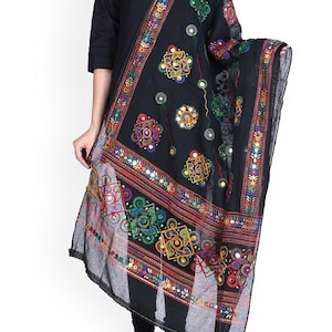 Phulkari Kantha Kutch Mirror Foli Work Cotton Dupatta
