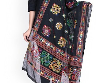 Handcrafted Black Kutchi Embroidered Dupatta with Mirror Work – Traditional Gujarati Style