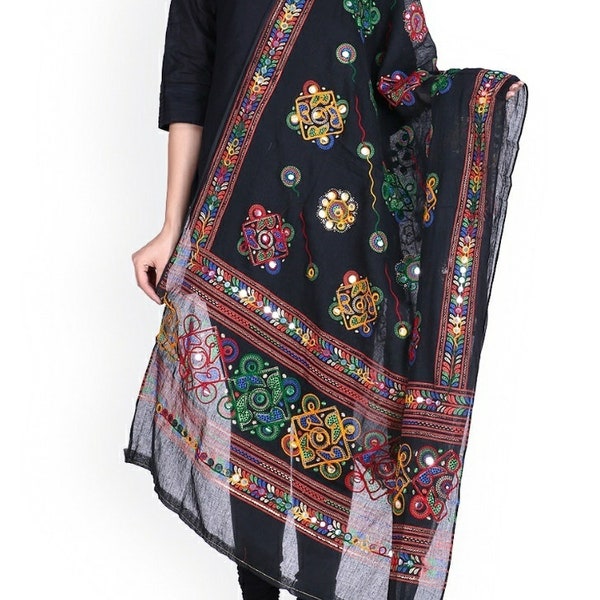 Phulkari Kantha Kutch Mirror Foli Work Cotton Dupatta