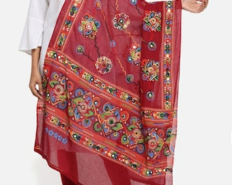 Red - Mirror Work Printed Cotton Kutch Embroidery Dupatta 02
