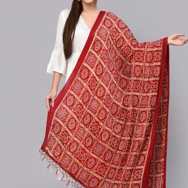 Rajasthani Silk Blend Solid Color Bandhani Print Dupatta Scarve/ Silk Bandhani Bandhej Print Dupatta/ Tie Dye Scarve /Boho Bandhani Stole