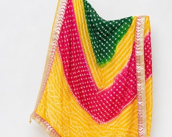 Jaipuri Bandhani Silk Dupatta: Gota Work Rajasthani Scarf