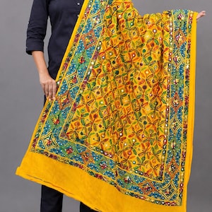 Phulkari Kantha Kutch Mirror Foli Work Heavy Embroidery Cotton Dupatta
