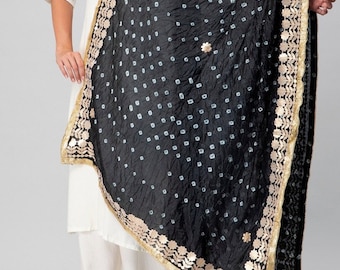 Handmade Bandhani Art Silk Dupatta: Black Gota Patti Border