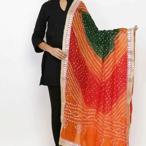 Women Jaipuri Bandhani Dupatta with Gota Work and latkan Rajasthani Silk Bandhej Multicolor Scarf