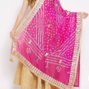 Pink Bandhani Art Silk Dupatta: Gota Patti Borte, Latkan Detail