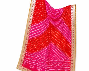 Jaipuri Bandhani Silk Dupatta: Gota Work Rajasthani Scarf