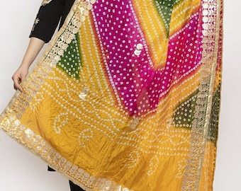 Handmade Bandhani Bandhej Art Silk Dupatta: Rajasthani Gota Patti Border