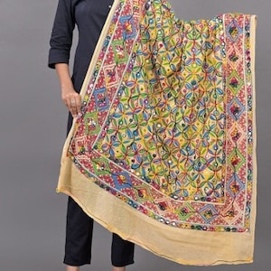 Phulkari Kantha Kutch Mirror Foli Work Heavy Embroidery Cotton Dupatta