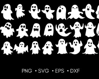 Può includere: Un set di 20 illustrazioni di fantasmi bianchi in varie pose. I fantasmi sono tutti in stile cartone animato e hanno tratti semplici. Sono perfetti per l'uso in artigianato di Halloween, decorazioni e progetti.