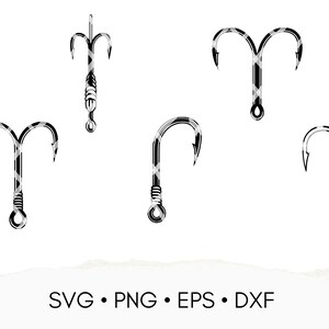 May include: Five different black and white fishing hook designs. The hooks are all in a simple line art style.
