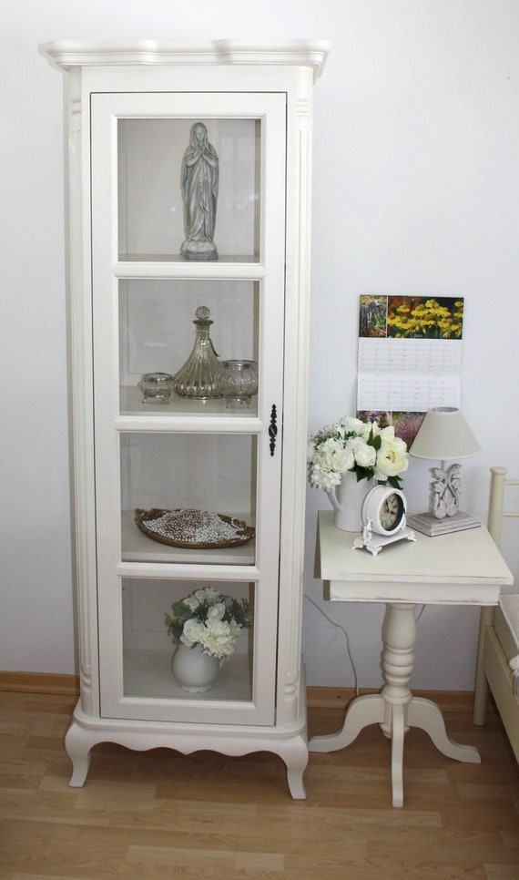 Vitrine Glasvitrine Schrank sehr schmal 3 Seiten verglast cremeweiss 66 cm Breite 190 cm Höhe