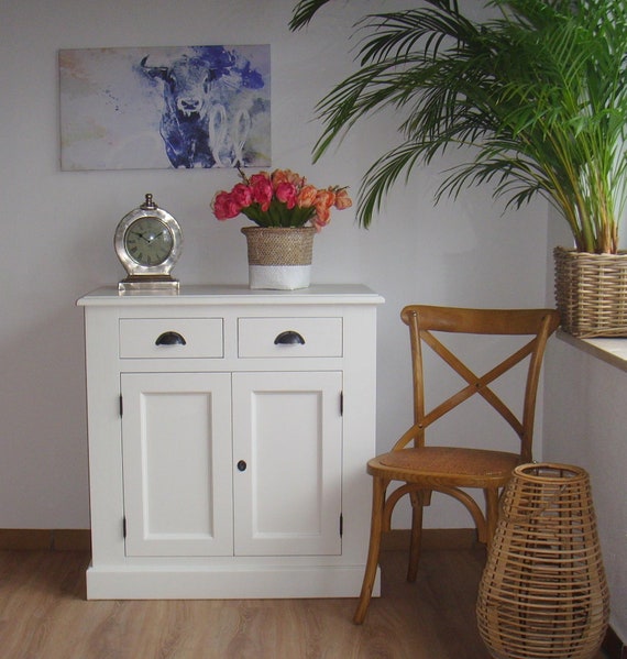 Kleine Kommode Schrank mit 2 Türen 1 Schublade reinweiss Landhausmöbel Massivholz