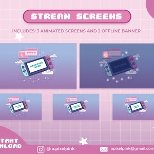 Puede incluir: Un conjunto de tres pantallas de transmisión de Twitch animadas que presentan una consola Nintendo Switch estilizada con un esquema de color rosa y azul. Las pantallas incluyen una pantalla de "Próximamente", una pantalla de "Fuera de línea" y una tercera pantalla con un mensaje personalizado. Las pantallas están diseñadas en un esquema de color rosa pastel y azul con un fondo pixelado.