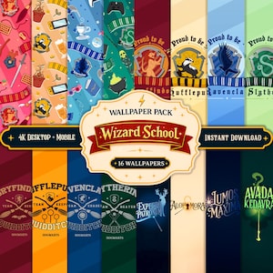 Puede incluir: Un paquete de fondos de pantalla digitales titulado Wizard School que presenta 16 diseños con temas de casas mágicas, equipo de quidditch y hechizos. La colección incluye patrones y fondos de colores sólidos en rojo, amarillo, azul y verde.