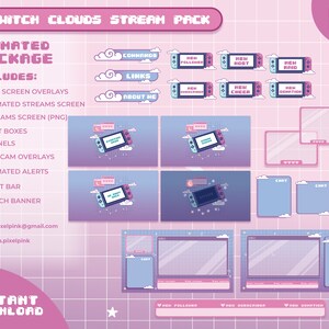 May include: A pink and blue animated Twitch stream package with a Nintendo Switch theme. The package includes overlays, alerts, panels, and chat boxes. The text "Switch Clouds Stream Pack" is at the top of the image. The text "Pixel Pink" is at the top right of the image.
