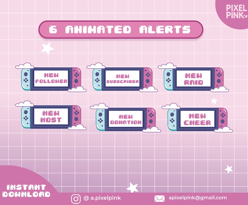 6 ANIMATED Switch Alerts and 24 PANELS / Animated Alerts / Cute Overlay