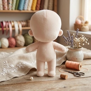 May include: A soft, beige-coloured faceless doll stands on a wooden surface. The doll has a rounded head, small ears, and simple limbs. A spool of orange thread, scissors, and a cork are nearby, suggesting a crafting theme.